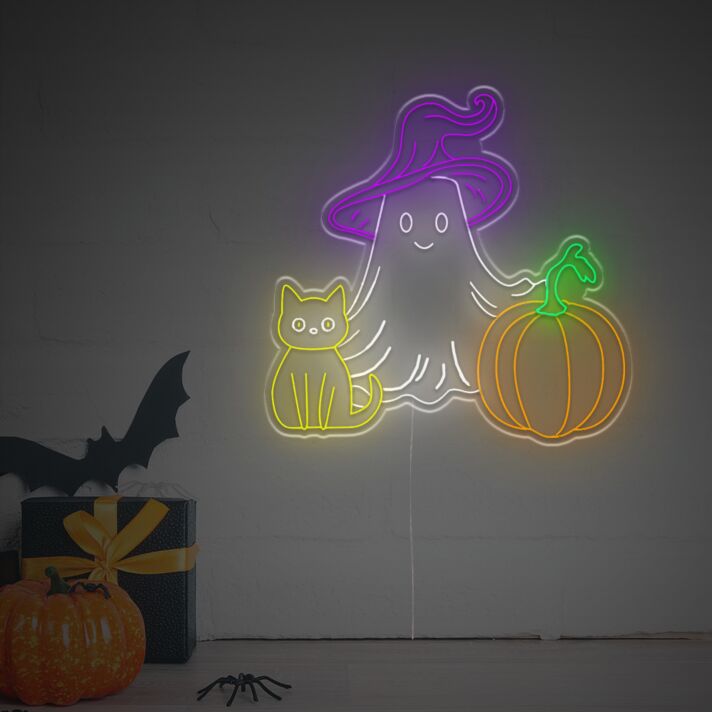 Halloween LED Neon Wanddeko mit Geist Katze und Kürbis