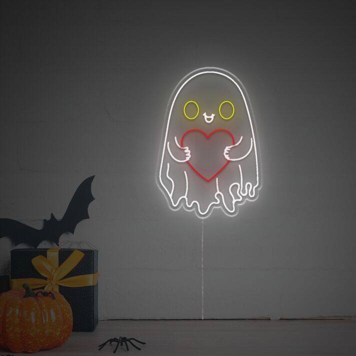 Brighten Up Your Spooky Celebrations and Home Decor with the Halloween Cute Ghost Heart LED Neon Sign - Perfect for Parties, Bars, and Weddings!