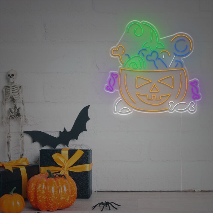 Halloween LED Neon Wandlicht Lustiger Kürbis mit Süßigkeiten als Bunte Leuchtende Wanddekoration für Party Wohnzimmer und Kinderzimmer