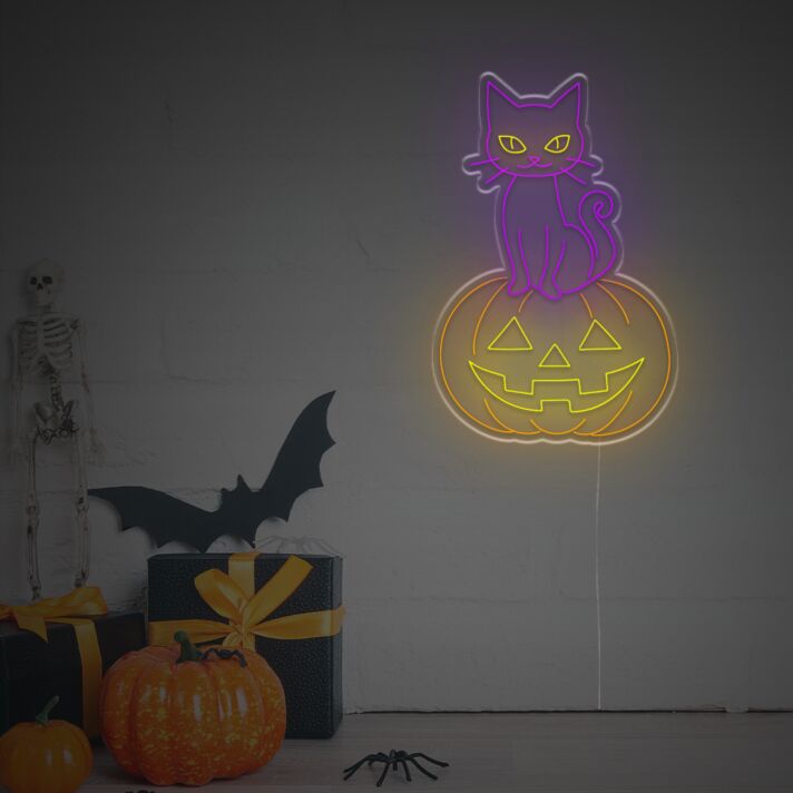 Halloween LED Neon Wandlicht Katze auf Kürbis Niedliche Leuchtende Wanddekoration für Halloween Party Wohnzimmer Kinderzimmer und Saisonale Herbstdeko