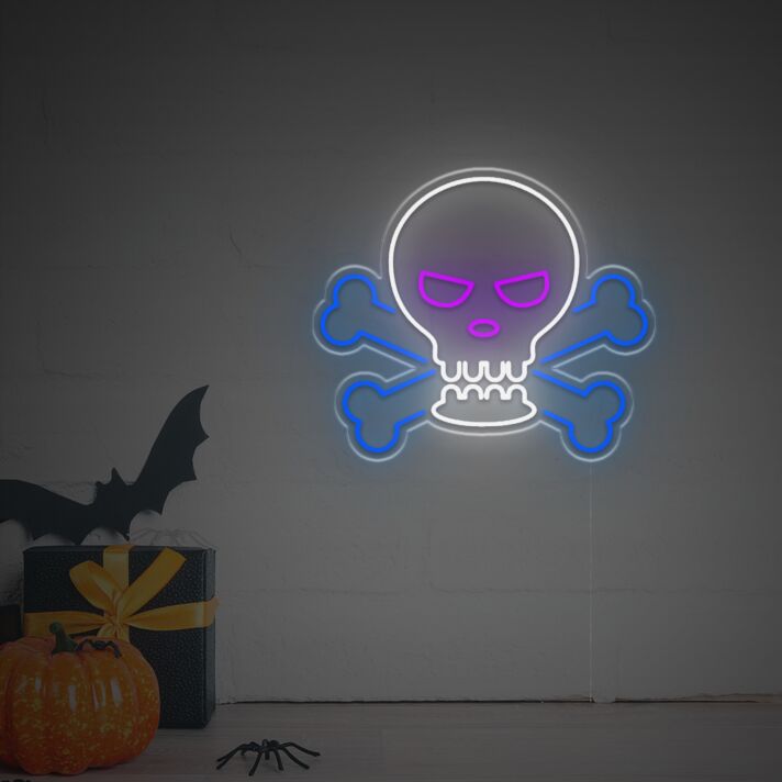 Totenkopf mit gekreuzten Knochen LED-Neonschild für Halloween Bar