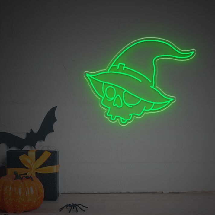 Totenkopf mit Hexenhut LED-Neonschild für Halloween Party