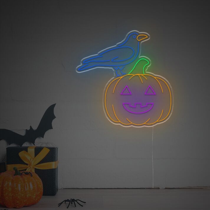 Halloween LED Neon Wandlicht Rabe auf Kürbis Klassische Jack O Lantern Leuchtende Wanddekoration für Halloween Party Herbstdeko Wohnzimmer Schaufenster und Saisonale Raumgestaltung