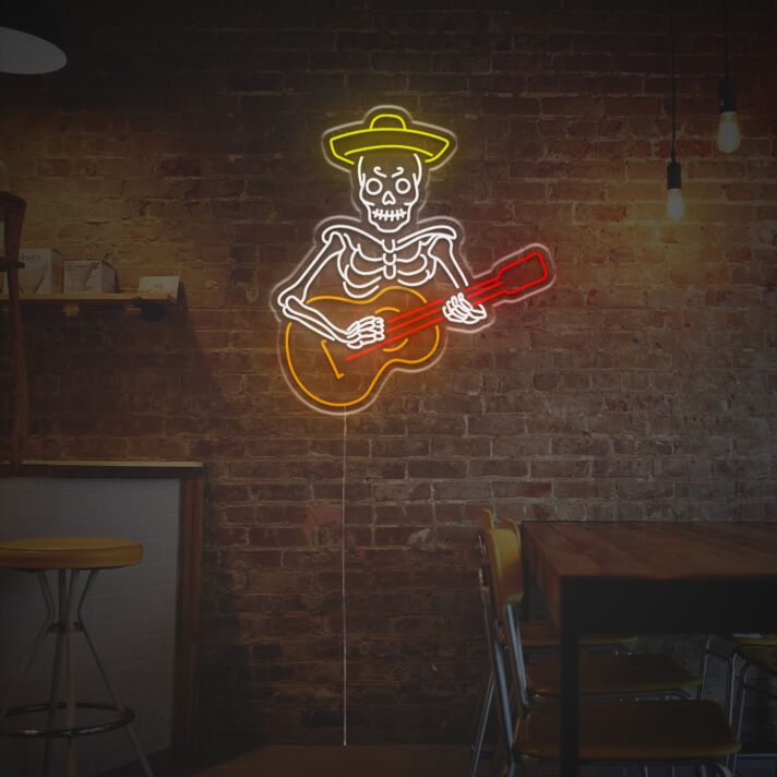 Halloween LED Neon Wandlicht Skelett mit Gitarre Klassisches Totenkopf Design mit Sombrero Leuchtende Wanddekoration für Bar Musikraum Restaurant Party und Kreative Raumgestaltung