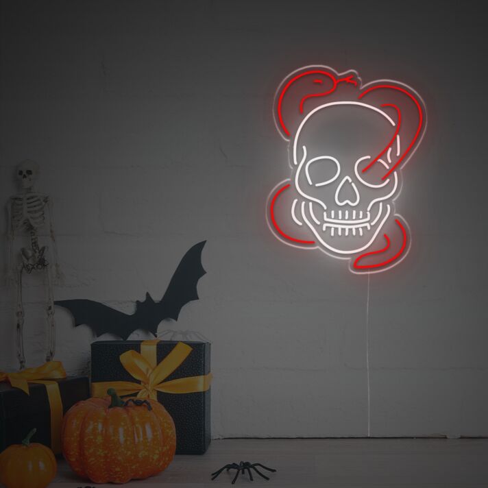 Dramatisches LED Neon Wandlicht Totenkopf mit Schlangen Motiv Rote Weiße Leuchte im Dark Gothic Stil für Wohnzimmer Bar Club Tattoo Studio Halloween Dekoration und Moderne Wandgestaltung