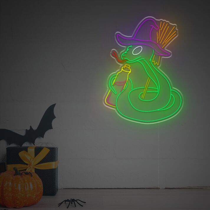 Farbenfrohes LED Neon Wandlicht Schlange mit Hexenhut und Zaubertrank Fantasievolle Neon Beleuchtung im Halloween Stil für Wohnzimmer Bar Partyraum Club und Kreative Wanddekoration