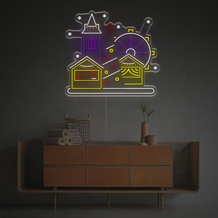 LED Neon Weihnachtsmarkt Wandbeleuchtung mit Häusern Riesenrad und Wintermotiven Festliche Neon Wanddekoration für Wohnzimmer Schlafzimmer Schaufenster und Saisonale Weihnachtsdeko
