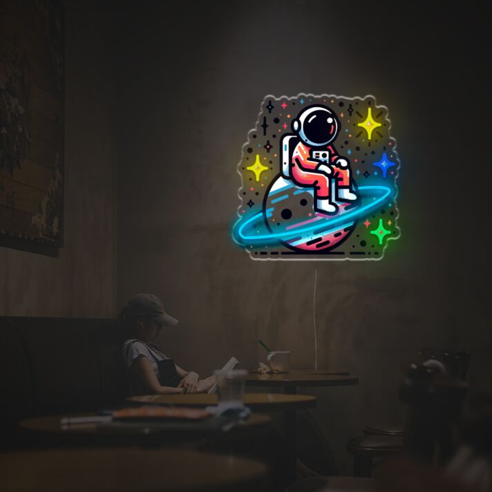 LED Neon Wandbeleuchtung Astronaut Sitzend auf Planet im Weltraum Stil Moderne Neon Wanddeko für Wohnzimmer Schlafzimmer Jugendzimmer und Kreative Räume