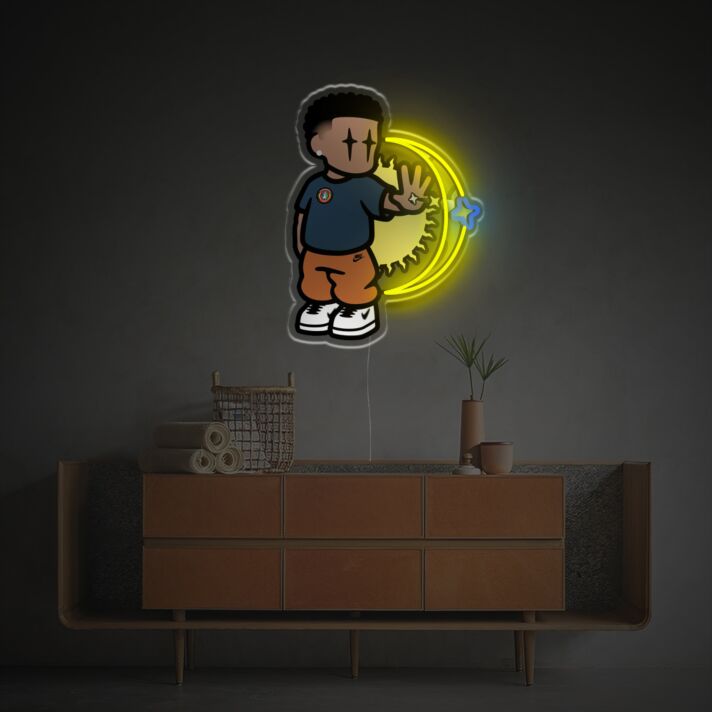 Elevate your ambiance: Add a glow to weddings, bars, and office spaces with Hight Street Boy With Missing Moon LED Neon Acrylic Artwork.