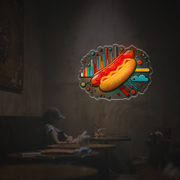 Brighten Your Bar or Diner with Hot Dog In Pop Style LED Neon Acrylic Artwork - Perfect for Home Decor, Themed Parties, and Retro Spaces.