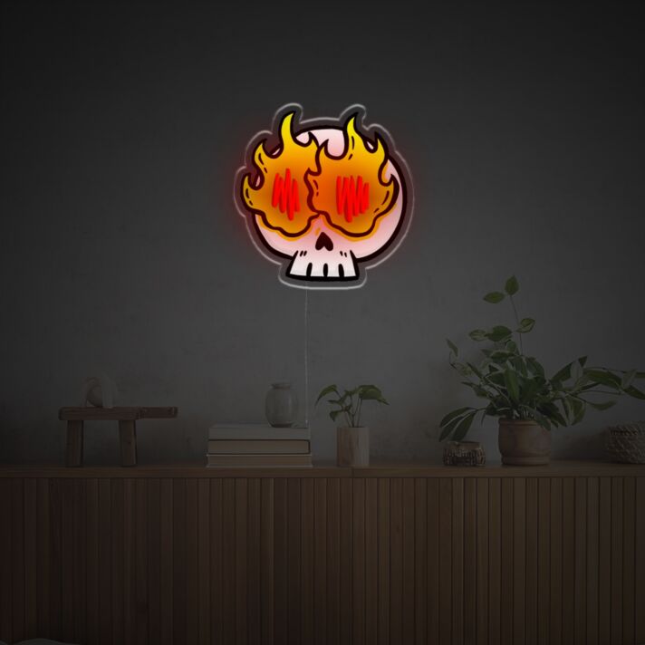 Totenkopf mit Flammenaugen LED-Neonschild für Gaming Bar