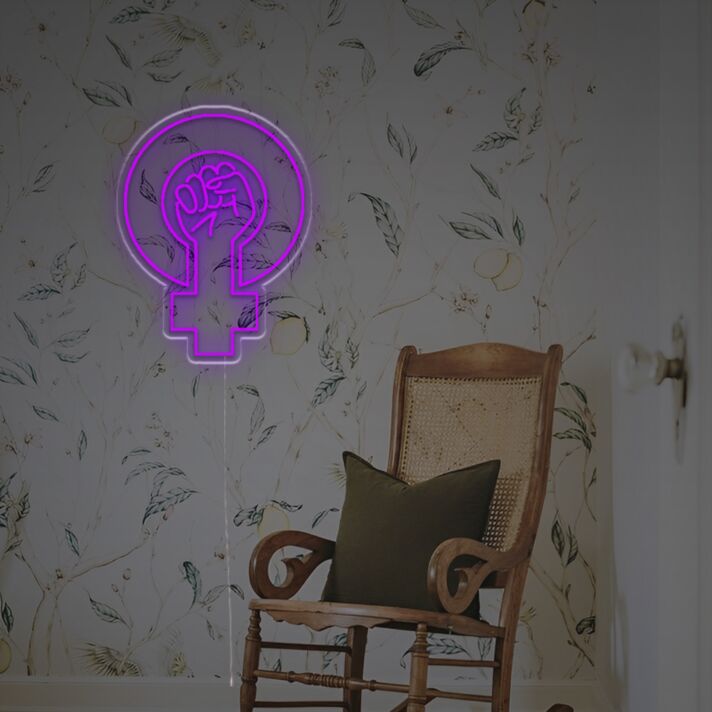 Feministisches LED Neonschild mit Frauen Symbol und Faust kraftvolle Wanddekoration für Zuhause