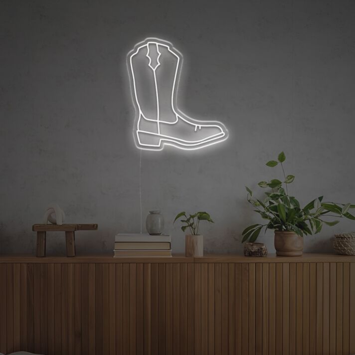 Abstraktes LED Neonschild mit Stiefel Motiv als stilvolle Wandbeleuchtung für Wohnzimmer Bar Café oder moderne Raumdekoration