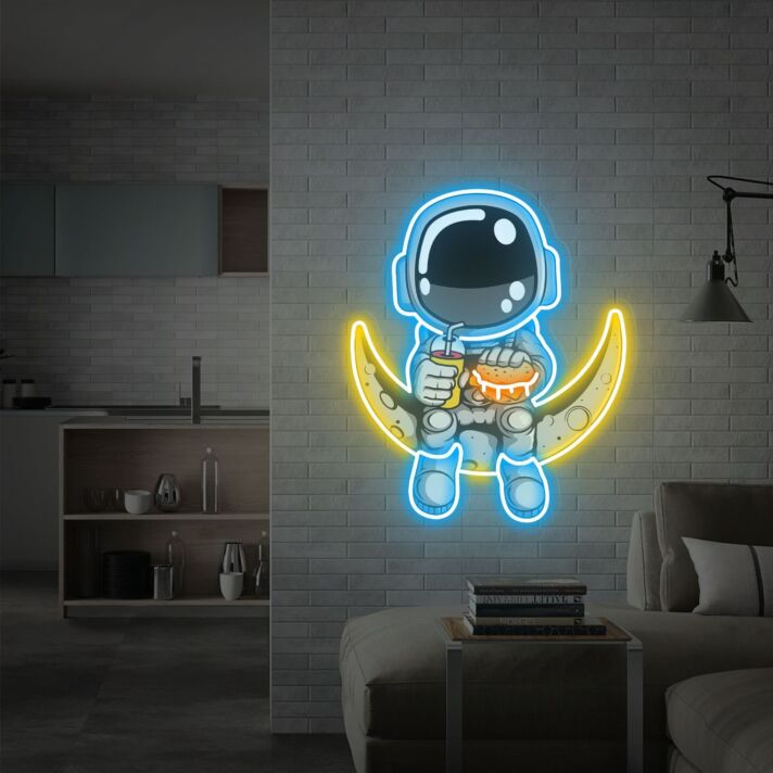 Astronaut auf Mond mit Burger und Getränk LED-Neonschild Wohnzimmer Kinderzimmer