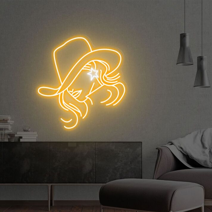 Cowgirl mit Hut und Sternbrille LED-Neonschild Wohnzimmer Bar