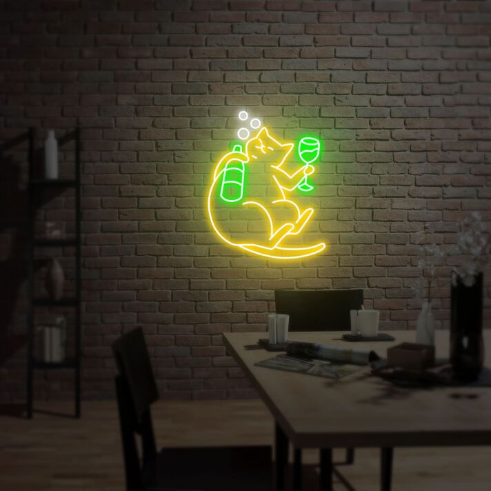 Katze mit Wein und Flasche LED-Neonschild Bar Wohnzimmer