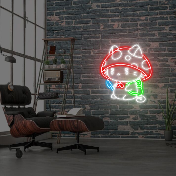 Katze mit Fliegenpilzhut LED-Neonschild Wohnzimmer Gamingzimmer