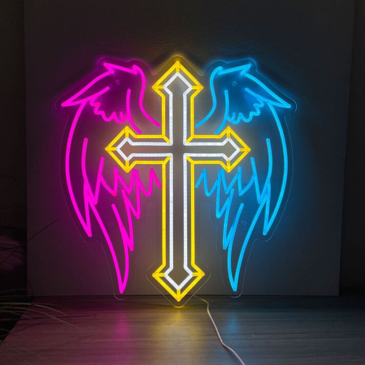 Kreuz mit Engelsflügeln LED-Neonschild Wohnzimmer Studio