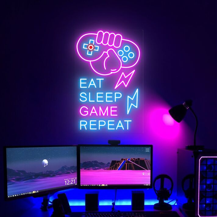EAT SLEEP GAME REPEAT LED-Neonschild Gaming Zimmer
