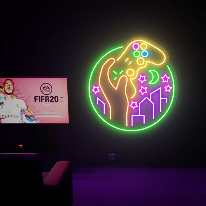 Hand mit Spielcontroller und Stadtsilhouette LED-Neonschild für Gamingzimmer