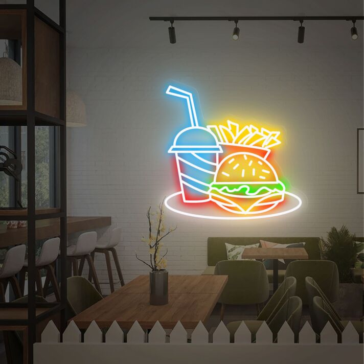 Burger Pommes und Getränk LED-Neonschild für Restaurant Imbiss