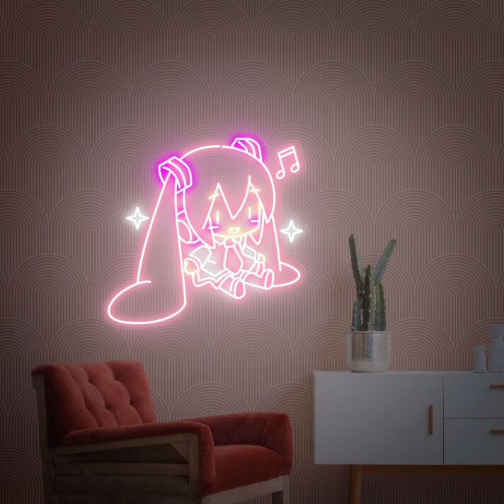 Anime Mädchen mit Kopfhörern und Musiknoten LED-Neonschild für Schlafzimmer oder Gaming Zimmer