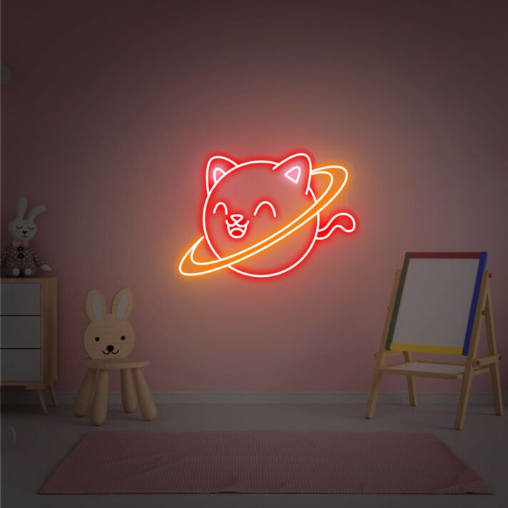 Katze mit Saturnring LED-Neonschild Kinderzimmer Wohnzimmer