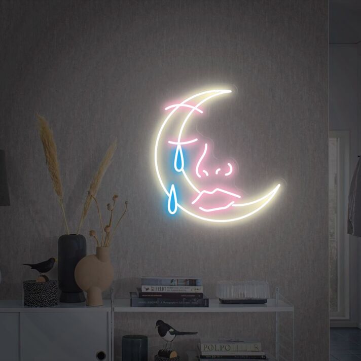 Halbmond mit Gesicht und Träne LED-Neonschild Wohnzimmer Schlafzimmer