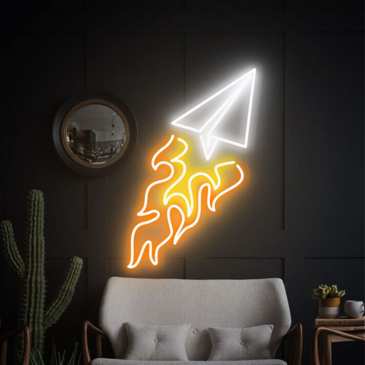 Papierflugzeug mit Flammen LED-Neonschild Wohnzimmer Büro