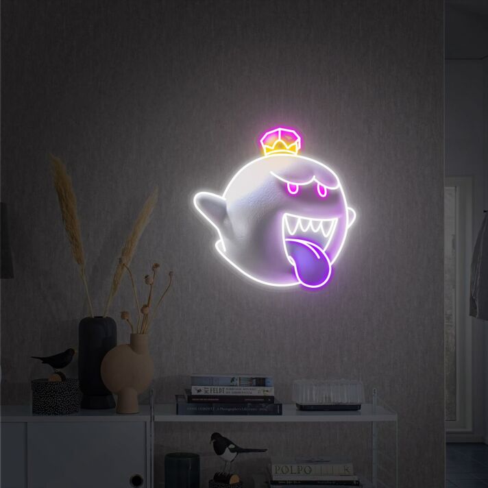 Krone tragender Cartoon Geist mit herausgestreckter Zunge LED-Neonschild Gaming Zimmer Wohnzimmer