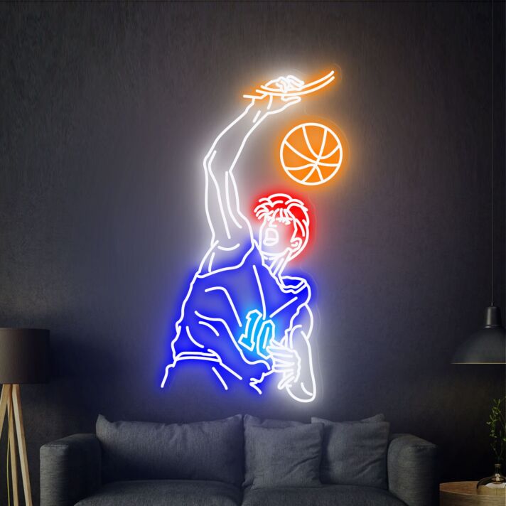 Modernes LED Neonschild mit Basketballspieler Motiv als dynamische Wanddekoration für Wohnzimmer Jugendzimmer Fitnessräume oder sportlich gestaltete Wohnbereiche