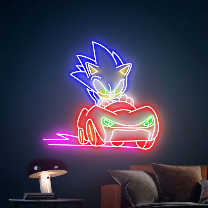 Farbenfrohes LED Neonschild mit schneller Comic Figur im Rennwagen Design als dynamische Wanddekoration für Jugendzimmer Gaming Räume oder moderne Entertainment Bereiche