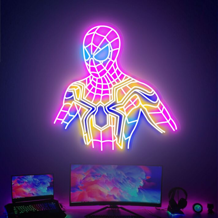 Großes LED Neonschild mit futuristischer Comic Figur im Superhelden-Stil als farbig leuchtende Wanddekoration für Gaming Zimmer Studio Räume oder moderne Wohnbereiche