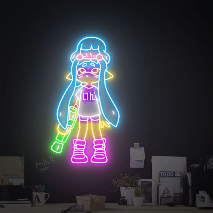 Großes LED Neonschild mit farbiger Comic Mädchen Figur im futuristischen Street Art Stil als leuchtende Wanddekoration für Gaming Zimmer kreative Studios oder moderne Wohnräume