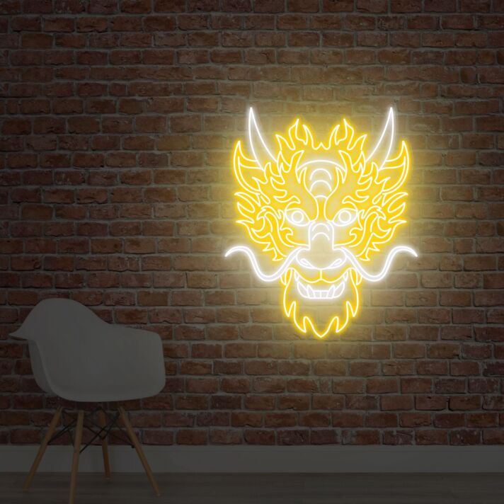 Großes LED Neonschild mit leuchtendem Drachenkopf im asiatisch inspirierten Design als moderne Wanddekoration für Wohnzimmer Bar Geschäft oder kreative Räume