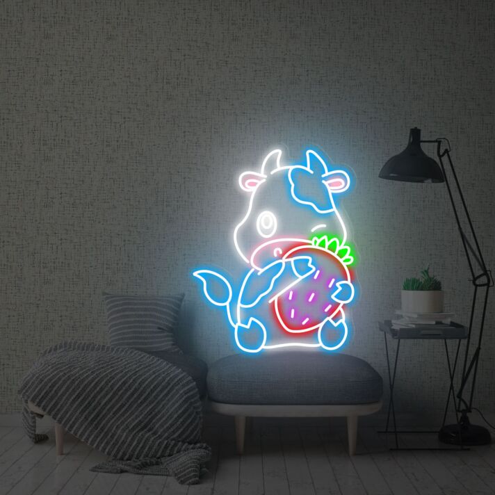 Kuh mit Erdbeere LED-Neonschild für Kinderzimmer und Café