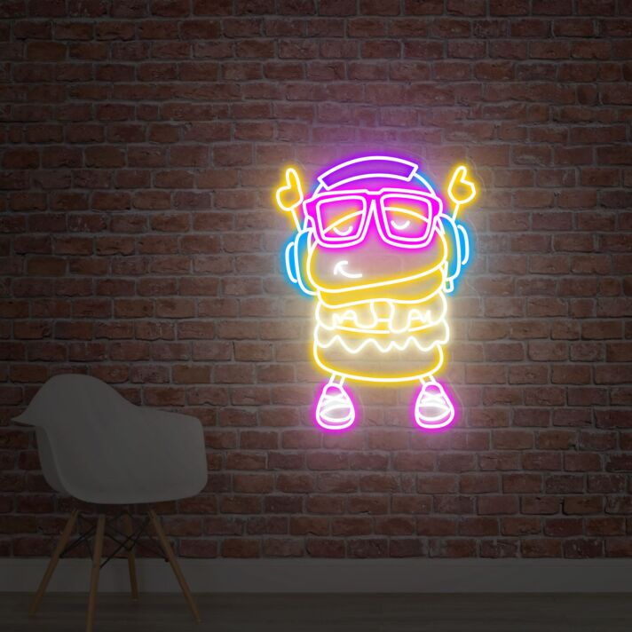 tanzender Burger mit Kopfhörern LED-Neonschild für Restaurant Bar