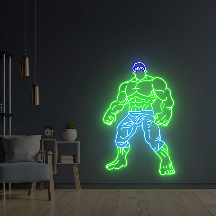 Großes LED Neonschild mit kraftvollem Muskelmann im grünen Neon Design als moderne Wanddekoration für Fitnessraum Home Gym Studio oder Männerzimmer