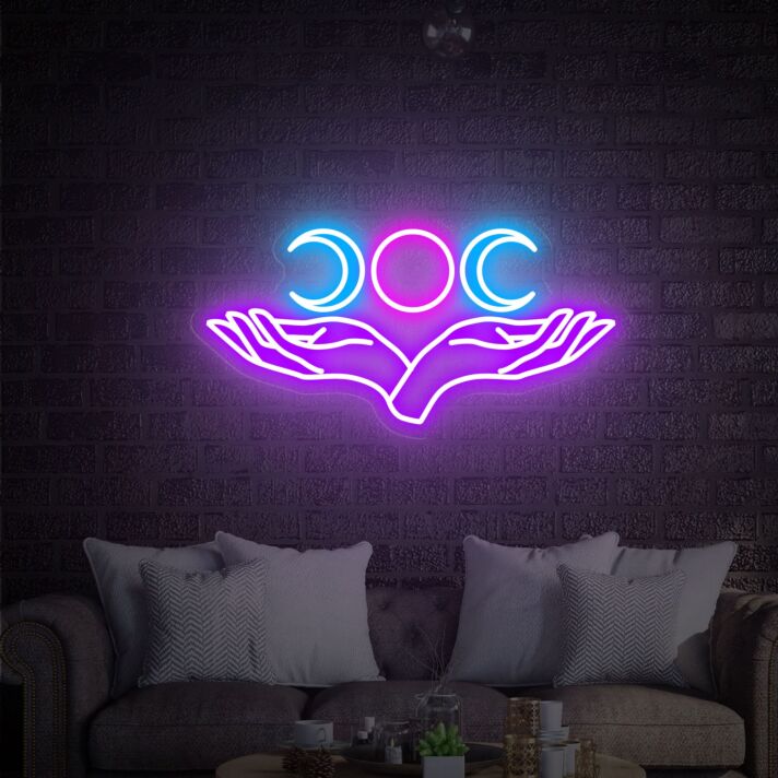 Hände mit Dreifach-Mond Symbol LED-Neonschild Wohnzimmer Meditationsraum