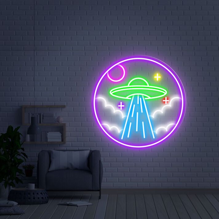 UFO mit Wolken und Planeten LED-Neonschild Wohnzimmer Gamingzimmer