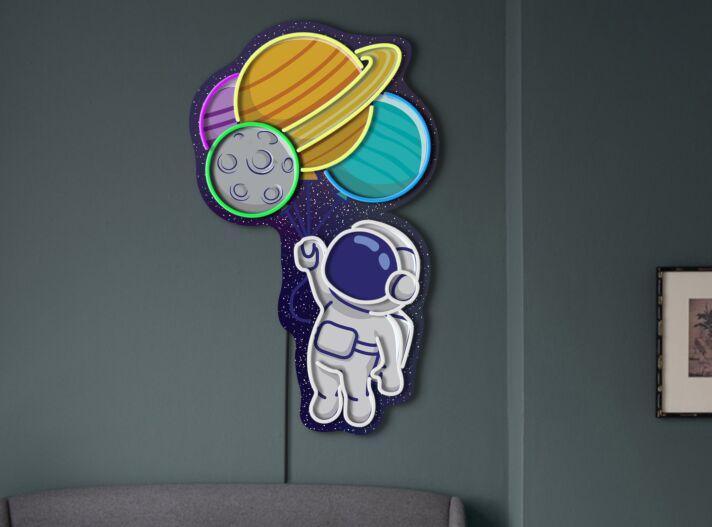 Astronaut mit Planetenballons LED-Neonschild Kinderzimmer Wohnzimmer