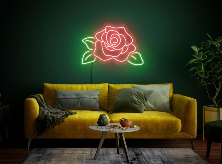 Rote Rose mit Blättern LED-Neonschild Wohnzimmer Schlafzimmer