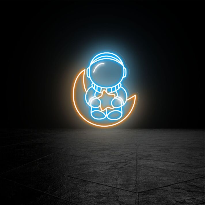 Astronaut auf Mondsichel mit Stern LED-Neonschild für Kinderzimmer und Wohnzimmer
