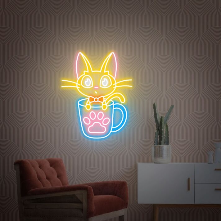 Katze in Tasse mit Pfotenabdruck LED-Neonschild Wohnzimmer Kinderzimmer