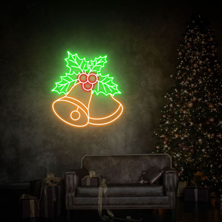 Weihnachtsglocken mit Stechpalme LED-Neonschild Wohnzimmer Weihnachtsdekoration