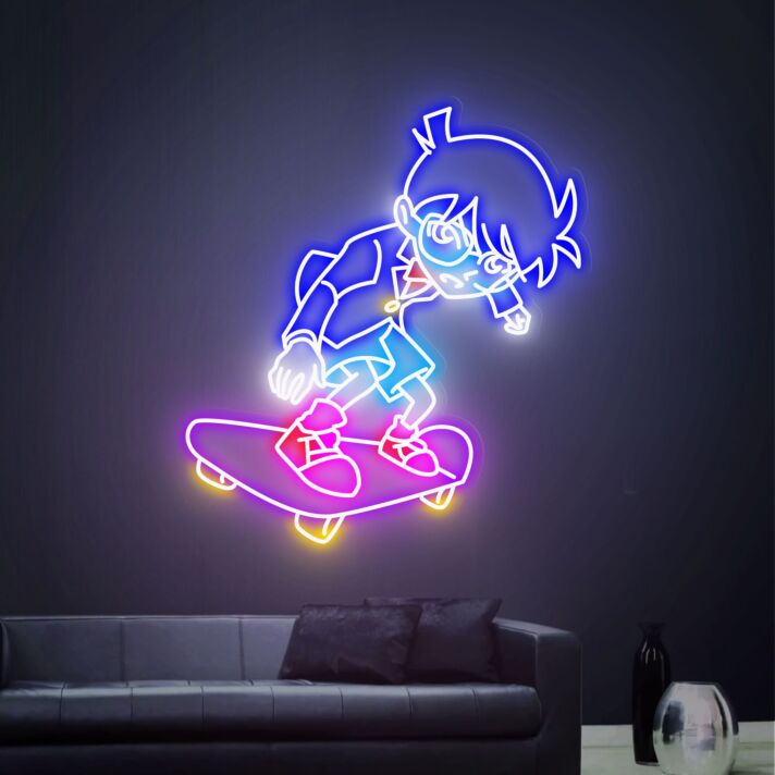 LED Neonschild mit dynamischer Skateboard Figur im Anime Stil für Gaming Zimmer Jugendzimmer und moderne Wanddekoration