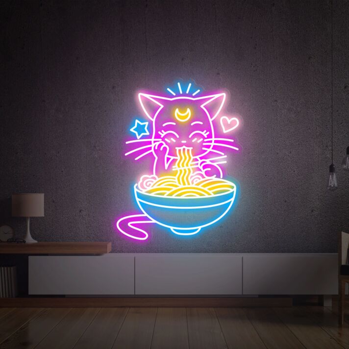 Katze mit Nudelschüssel LED-Neonschild für Wohnzimmer Restaurant