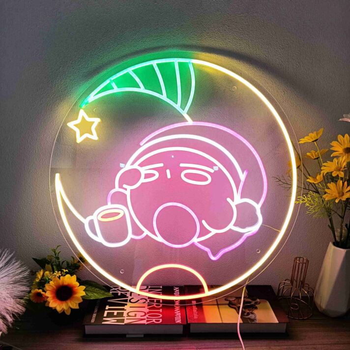 schlafender Charakter auf Mond mit Tasse LED-Neonschild Schlafzimmer Kinderzimmer