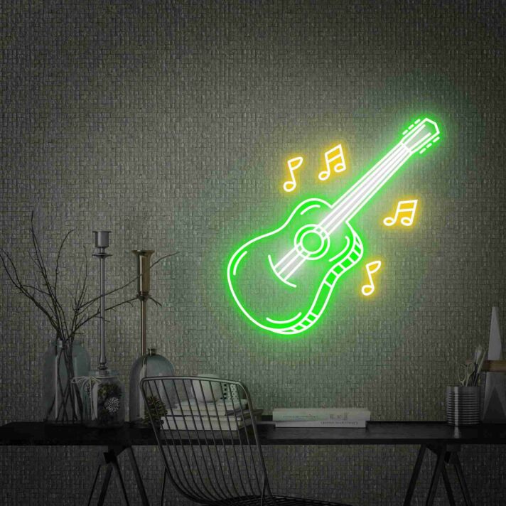 Akustikgitarre mit Noten LED-Neonschild für Wohnzimmer Musikstudio