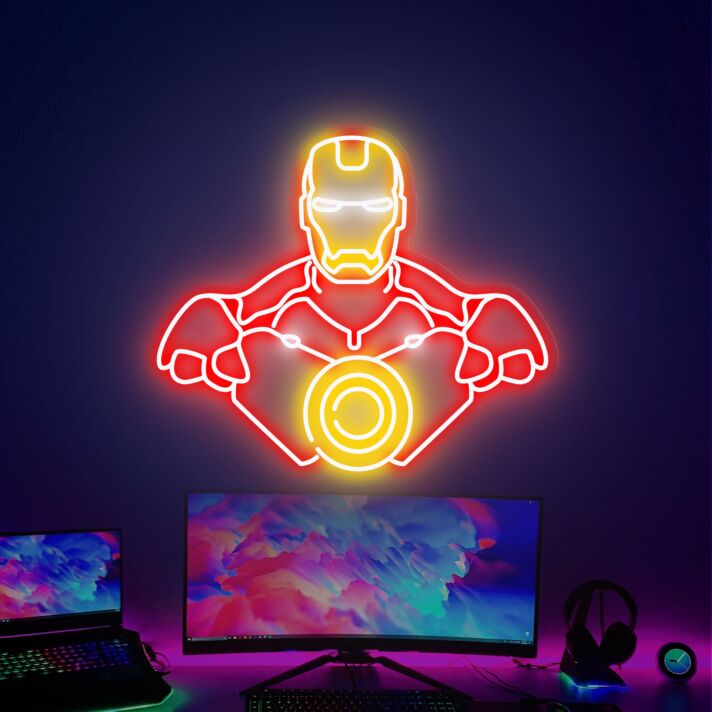 LED Neonschild mit abstrakter gepanzerter Figur und leuchtendem Energiekern für Gaming Setup und moderne Wanddekoration